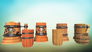 Set of wooden mugs for beer and drinks Low-poly 3D model 3D