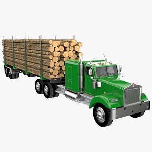 3D Truck with Logging Trailer - Green