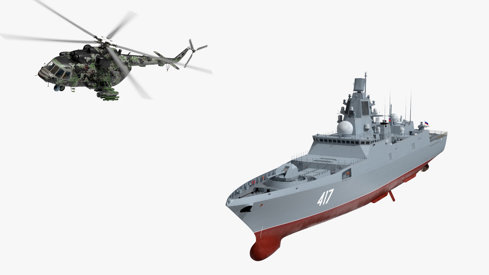 Russian Frigate Admiral Gorshkov with MI-171Sh Landing Animated Rigged