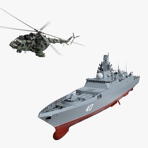 Russian Frigate Admiral Gorshkov with MI-171Sh Landing Animated Rigged 3D model