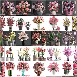 Collection of pink flower bouquets in vases 40 pieces
