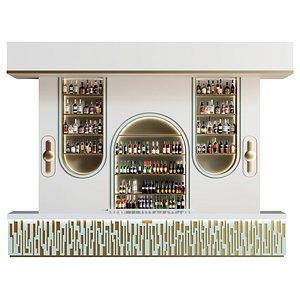 Design project of a modern bar with a bar counter with a collection of alcohol