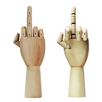 Wooden figurine of a hand with a raised middle finger up