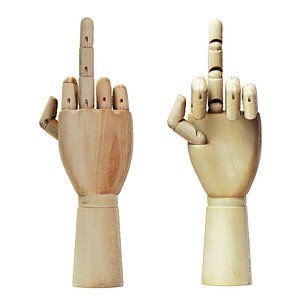 Wooden figurine of a hand with a raised middle finger up