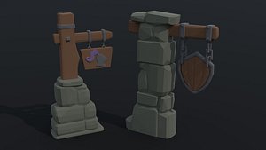 3D Low-poly  Cartoon fantasy armory road sign Polygonal Style