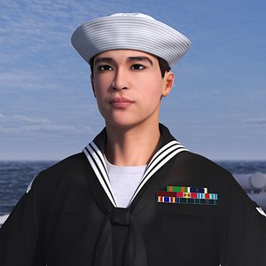 3D Asian Sailor US Navy in Black Uniform A-Pose