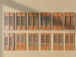 12 Sets Double Panel Chinese Wooden Lattice Door Pack New Oriental Decor Partition Grille 3D Model 3D model