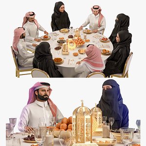 3D Ramadan Iftar Buffet with Arab Family Middle Eastern Dining Scene 3D Model