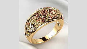Gold Ring with Colored Gemstones 3D