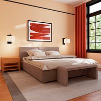 Hotel Bedroom with Upholstered Bed and Bench Peach