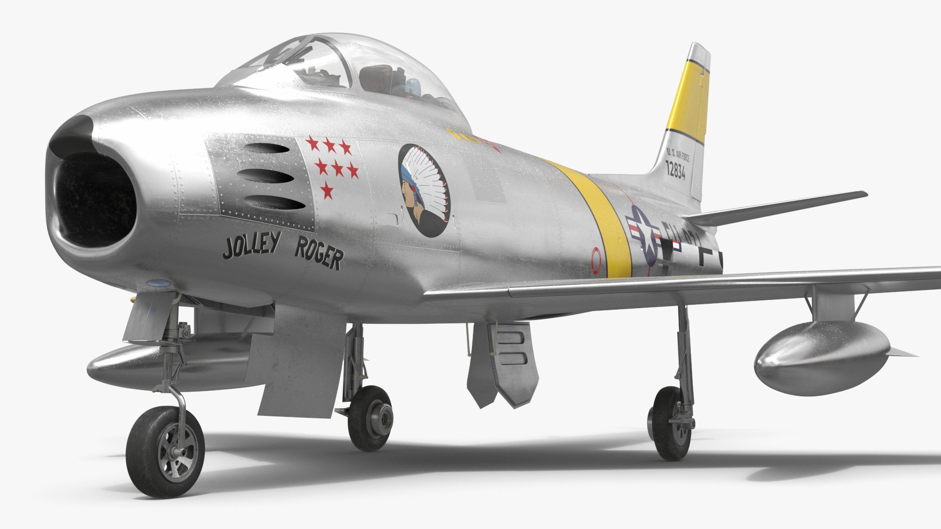 North American F-86 Sabre Jet Fighter Silver with Interior 3D model for aviation visualization, airport scenes, simulation, animation, and cinematic rendering