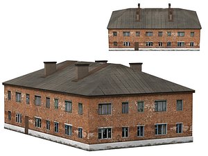 Two Story Old Brick House 3D Model With Flat Roof