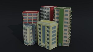 3D Low-poly Cartoon city apartments Polygonal Style