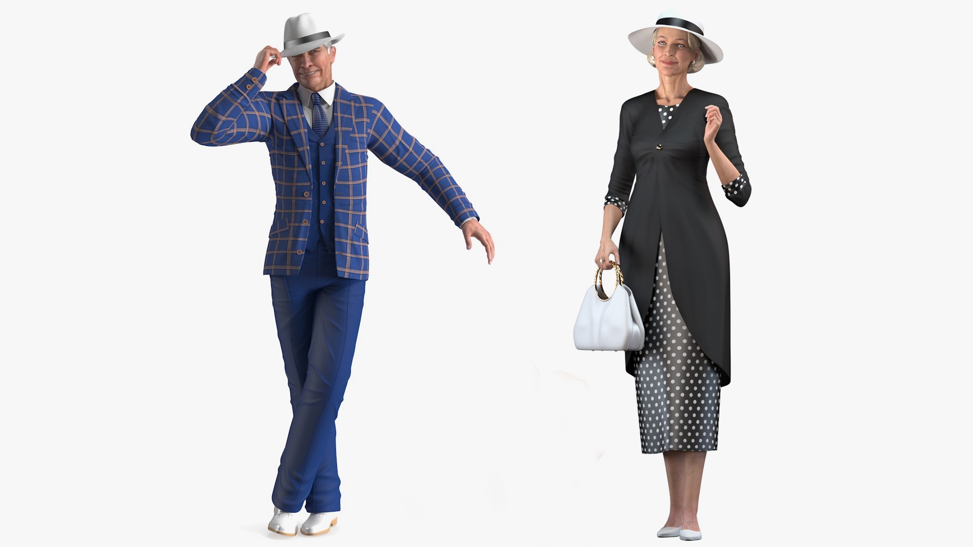 Rigged Elderly Woman with Man Wearing Party Dress Collection for Cinema 4D