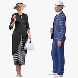 3D model Rigged Elderly Woman with Man Wearing Party Dress Collection for Cinema 4D