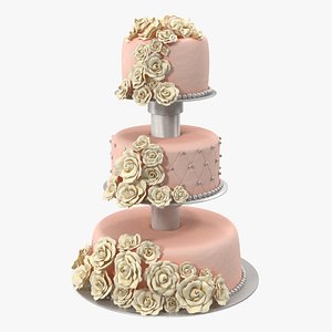 Three Tier Wedding Cake with Sugar Roses 3D model