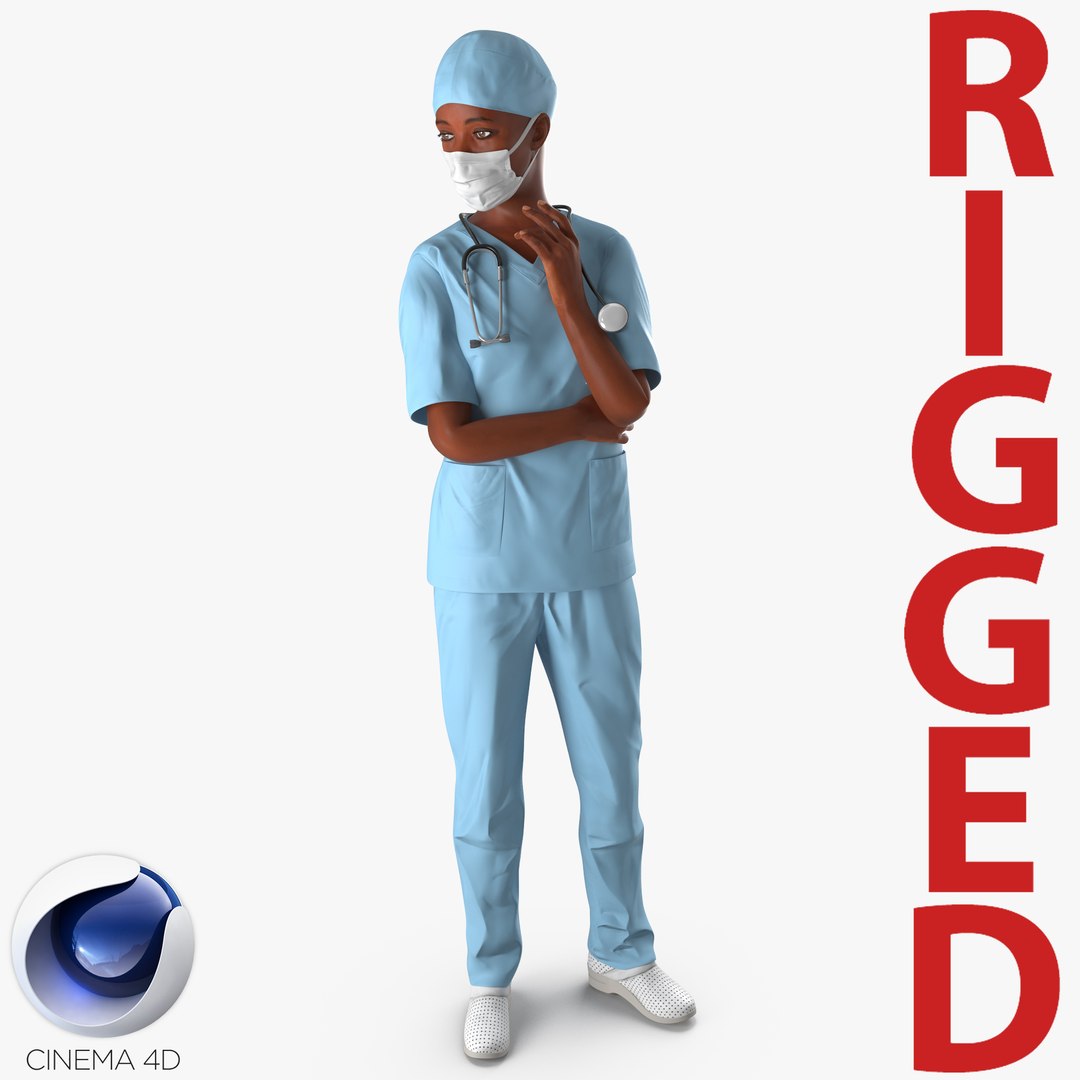 African American Female Surgeon Rigged for Cinema 4D 3D model preview