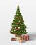 Geschmückter Weihnachtsbaum mit Geschenkboxen im Weidenkorb