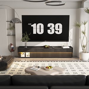 Warm Mid-Century Living Room 3D Scene with Dark Wood TV Console