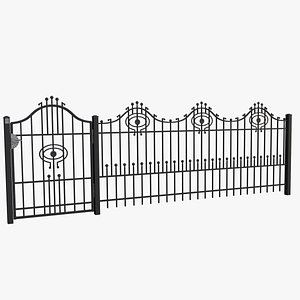 3D model Decorative wrought iron fence with posts and a gate
