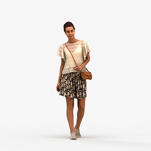 3D 00279Denise009 - Adult Caucasian woman walking through public space with bag summer attire