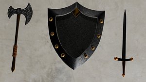 Low-Poly Battle-Worn Melee Pack Axe Sword Shield