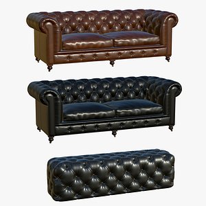 Chesterfield Realistic Leather Sofa Double With Banqu 3D model