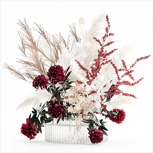 Dried flower bouquet pampas grass peony holly glass vase 664 3D model
