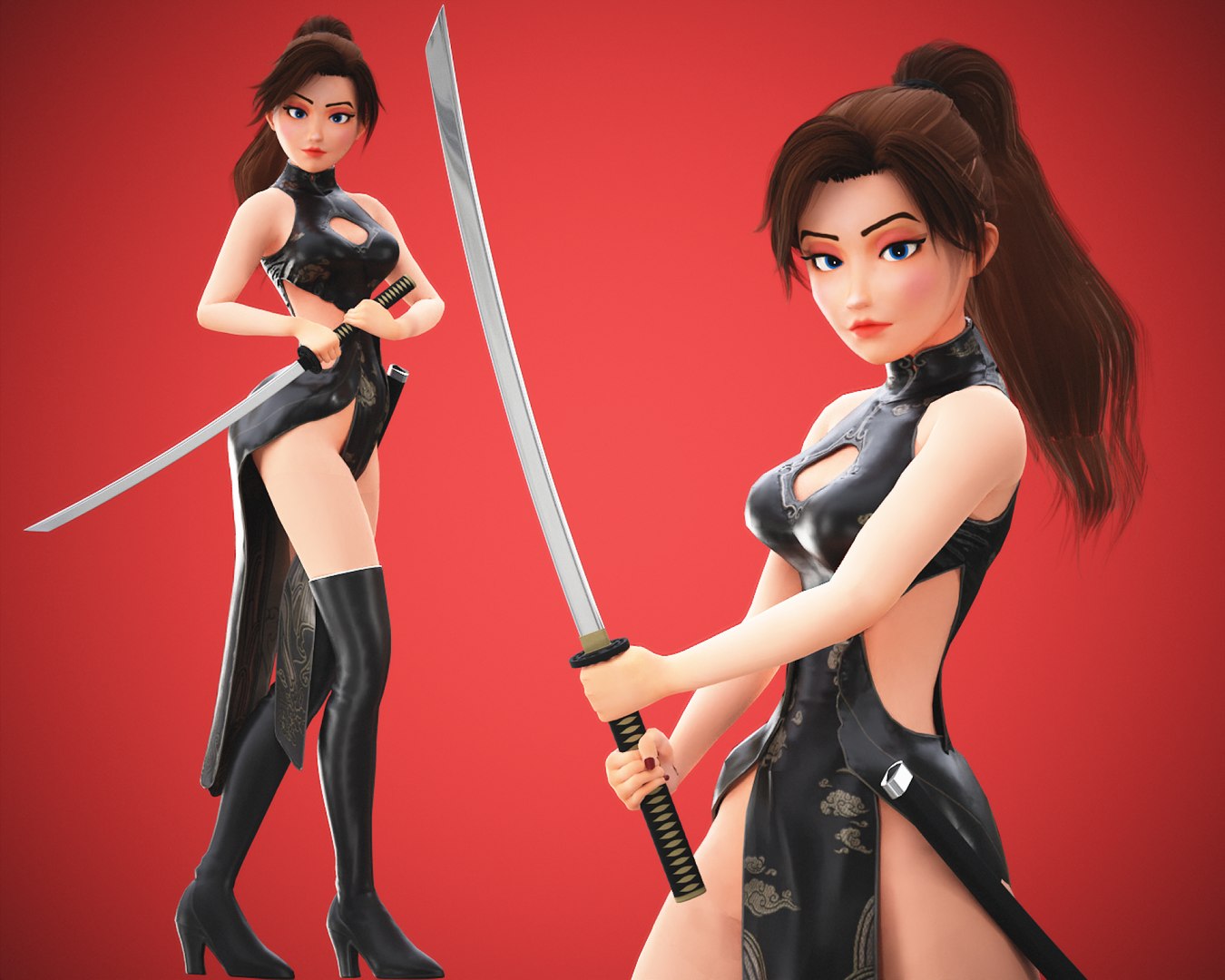 3D Game Samurai Ninja Girl Character Rigged Model - TurboSquid 2191740