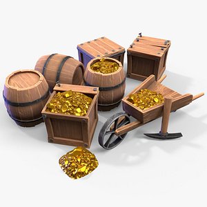 3D Stylized Gold Crates and Cart