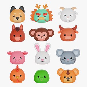 3D 12 Chinese Zodiac Sign Heads