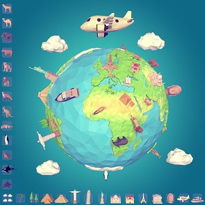 Polygonal LowPoly Cartoon Planet Earth - Low Poly Travel AD Pack Collection