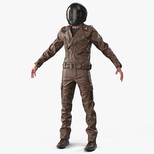 Biker in Brown Leather Riding Suit with Helmet