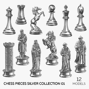 3D Chess Pieces Silver Collection 01 - 12 models