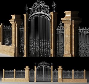 A magnificent wrought iron gate paired with marble columns