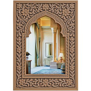 3D Eastern Luxurious arched Wall Mirror Carved Wooden Frame Florals 3D model model
