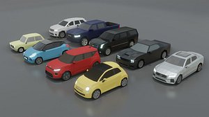 collection of 9 low poly cars 3D models