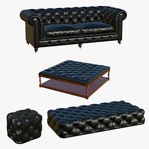Chesterfield Sofa Realistic Leather Table Ottoman Black 3D