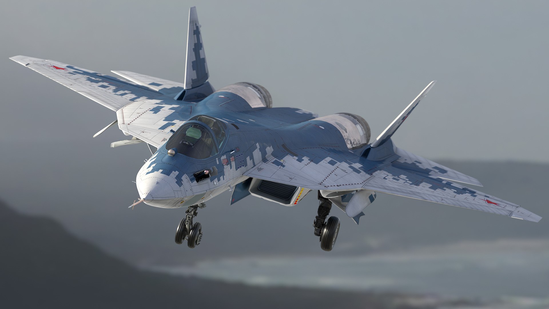 SU-57 Stealth Jet Fighter Pixel Camouflage Rigged for Maya 3D model preview
