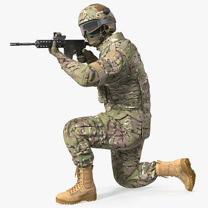3D Army Soldier in Green Camo with Goggles Aiming Fur