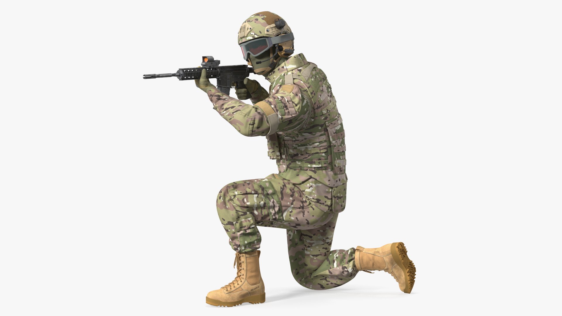Army Soldier in Green Camo with Goggles Aiming Fur 3D model preview