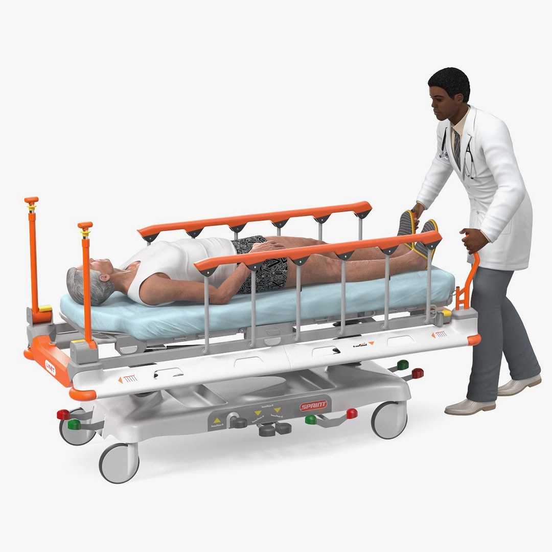 Hospital Stretcher with a Patient and a Doctor Rigged 3D model for medical visualization, anatomy illustration, educational content, and scientific rendering