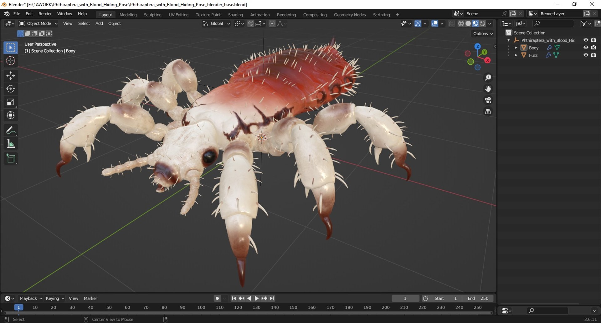 Phthiraptera with Blood Hiding Pose 3D model preview