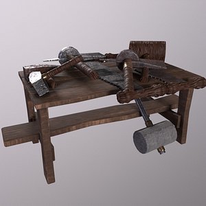 3D Medieval Table-Saw-Hammer-Pickaxe Rusty Low Poly
