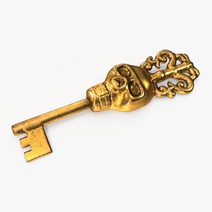 Ornate Skull Gothic Key Gold 3D