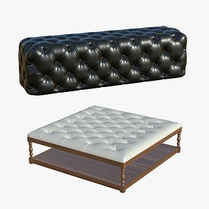 Chesterfield Leather Bench With Coffee Table 3D model