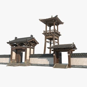 3D model Ancient Asian Architectural Courtyard Gates Walls and Watchtowers