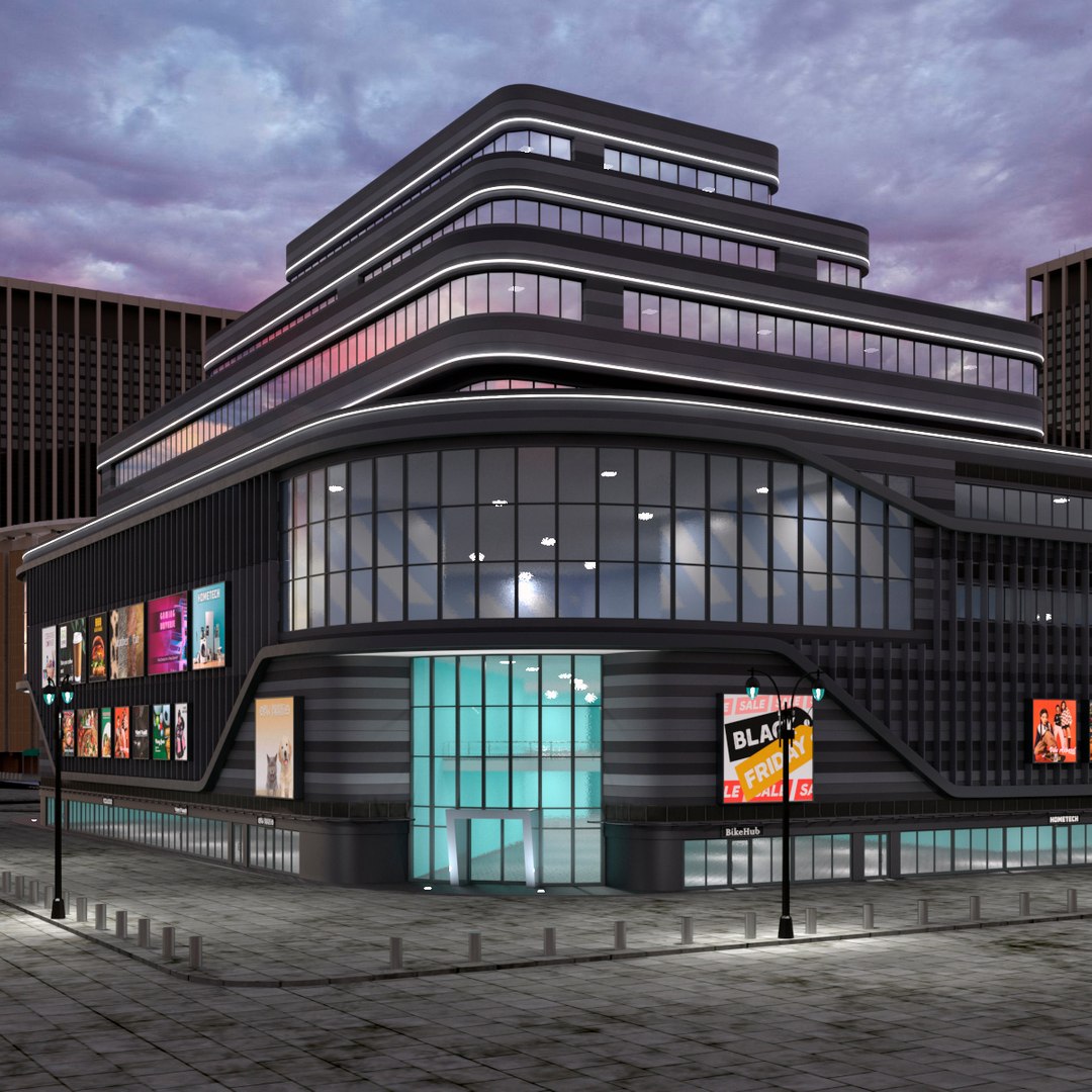 Modern Shopping Complex Night Lights On 3D model preview