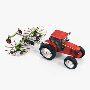 Tractor with Used Twin Rotor Rake Claas Liner 2700 3D Model