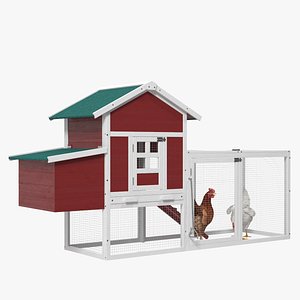 Red Small Chicken Coop with Chickens 3D model